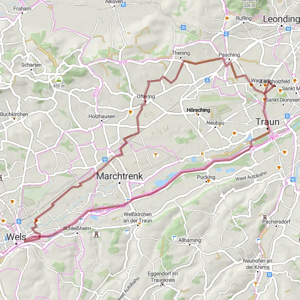 Mapa miniatúra "Traun a Wels okolo Marienwarte" cyklistická inšpirácia v Oberösterreich, Austria. Vygenerované cyklistickým plánovačom trás Tarmacs.app