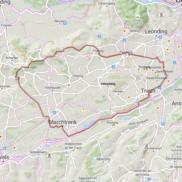 Mapa miniatúra "Cyklo okruh Kraľujúci Pychtor prechádzajúci pasážou cez Pucking a Marchtrenk" cyklistická inšpirácia v Oberösterreich, Austria. Vygenerované cyklistickým plánovačom trás Tarmacs.app