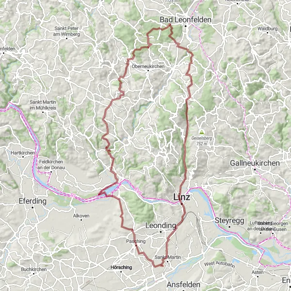 Karttaminiaatyyri "Maastopyöräily Pasching-Walding-Linz-Hellmonsödt" pyöräilyinspiraatiosta alueella Oberösterreich, Austria. Luotu Tarmacs.app pyöräilyreittisuunnittelijalla