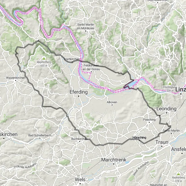 Mapa miniatúra "Jazda do kopca cez Hörsching a St. Agatha" cyklistická inšpirácia v Oberösterreich, Austria. Vygenerované cyklistickým plánovačom trás Tarmacs.app