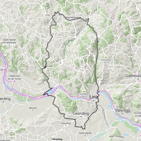 Miniatura della mappa di ispirazione al ciclismo "Percorso Panoramico tra Linz e Oberneukirchner Berg" nella regione di Oberösterreich, Austria. Generata da Tarmacs.app, pianificatore di rotte ciclistiche