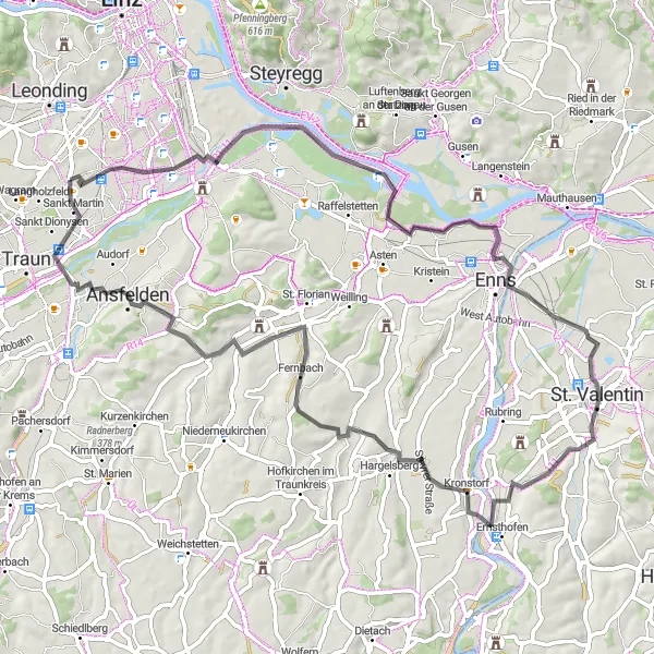 Karttaminiaatyyri "Historialliset linnoitukset ja maaseutumaisemat" pyöräilyinspiraatiosta alueella Oberösterreich, Austria. Luotu Tarmacs.app pyöräilyreittisuunnittelijalla