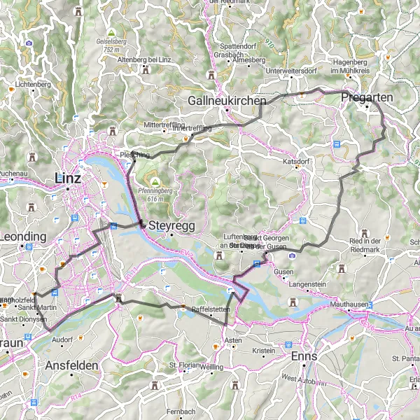 Karten-Miniaturansicht der Radinspiration "Rund um Linz" in Oberösterreich, Austria. Erstellt vom Tarmacs.app-Routenplaner für Radtouren