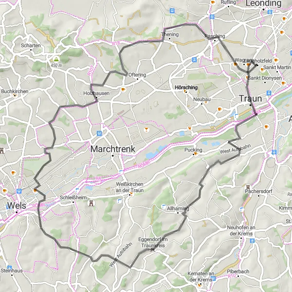 Map miniature of "Traun Loop via Allhaming" cycling inspiration in Oberösterreich, Austria. Generated by Tarmacs.app cycling route planner