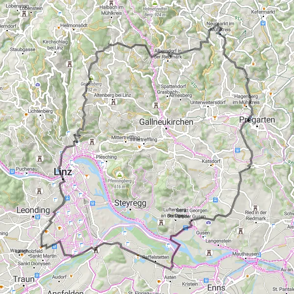 Miniaturní mapa "Panoramatická cesta kolem Lince" inspirace pro cyklisty v oblasti Oberösterreich, Austria. Vytvořeno pomocí plánovače tras Tarmacs.app