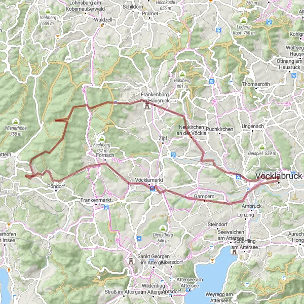 Karttaminiaatyyri "Challenging Gravel Route to Vöcklamarkt" pyöräilyinspiraatiosta alueella Oberösterreich, Austria. Luotu Tarmacs.app pyöräilyreittisuunnittelijalla