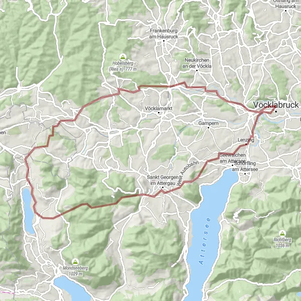 Mapa miniatúra "Gravelový výlet cez Attergau" cyklistická inšpirácia v Oberösterreich, Austria. Vygenerované cyklistickým plánovačom trás Tarmacs.app