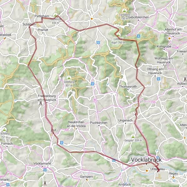 Miniatua del mapa de inspiración ciclista "Travesía Rural de Hausruck" en Oberösterreich, Austria. Generado por Tarmacs.app planificador de rutas ciclistas