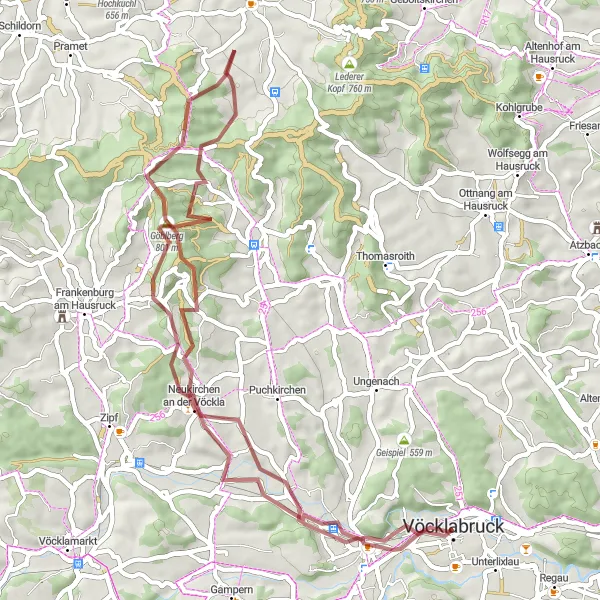 Miniatua del mapa de inspiración ciclista "Aventura Campestre en Vöckla" en Oberösterreich, Austria. Generado por Tarmacs.app planificador de rutas ciclistas