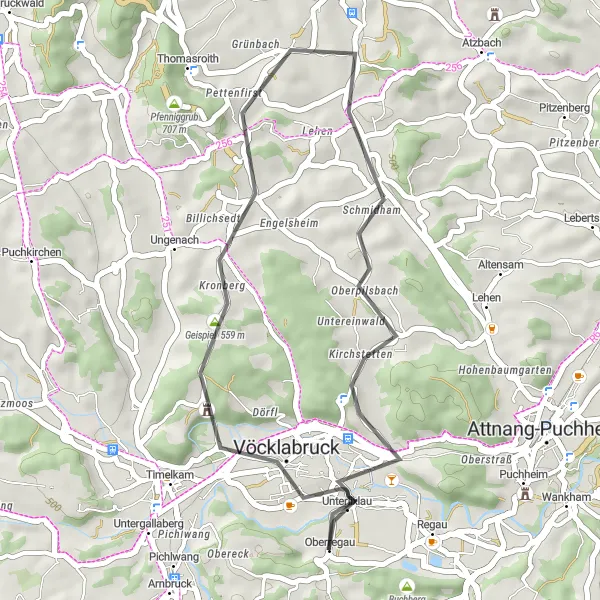 Miniature de la carte de l'inspiration cycliste "La Petite Excursion Vöckla - Road route" dans la Oberösterreich, Austria. Générée par le planificateur d'itinéraire cycliste Tarmacs.app