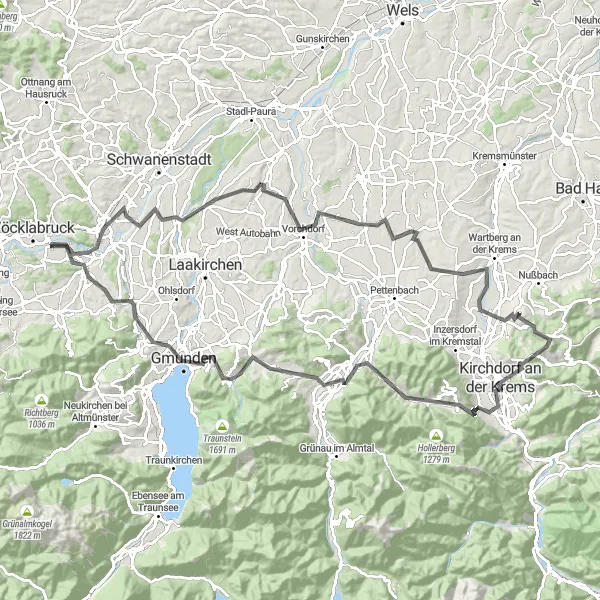 Miniature de la carte de l'inspiration cycliste "Les Collines de Haute-Autriche" dans la Oberösterreich, Austria. Générée par le planificateur d'itinéraire cycliste Tarmacs.app