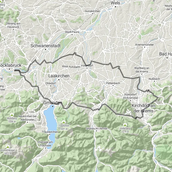 Miniatura della mappa di ispirazione al ciclismo "Viaggio Epico da Gmunden a Rutzenmoos" nella regione di Oberösterreich, Austria. Generata da Tarmacs.app, pianificatore di rotte ciclistiche