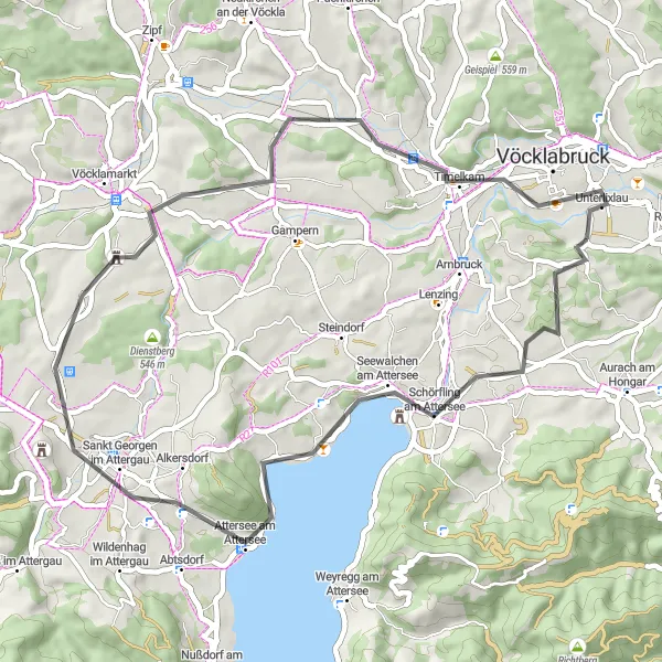 Zemljevid v pomanjšavi "Road cycling route along Lake Attersee" kolesarske inspiracije v Oberösterreich, Austria. Generirano z načrtovalcem kolesarskih poti Tarmacs.app