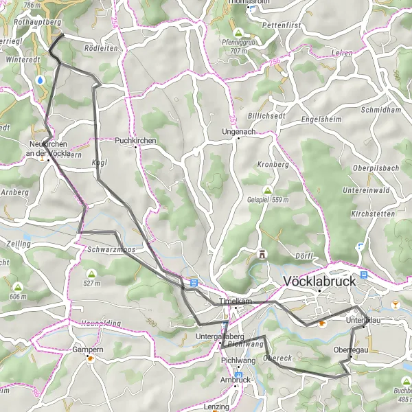 Miniatura della mappa di ispirazione al ciclismo "Alla scoperta di Timelkam e dintorni" nella regione di Oberösterreich, Austria. Generata da Tarmacs.app, pianificatore di rotte ciclistiche