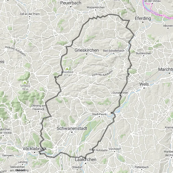 Miniatua del mapa de inspiración ciclista "Aventura épica en bicicleta por Oberösterreich" en Oberösterreich, Austria. Generado por Tarmacs.app planificador de rutas ciclistas