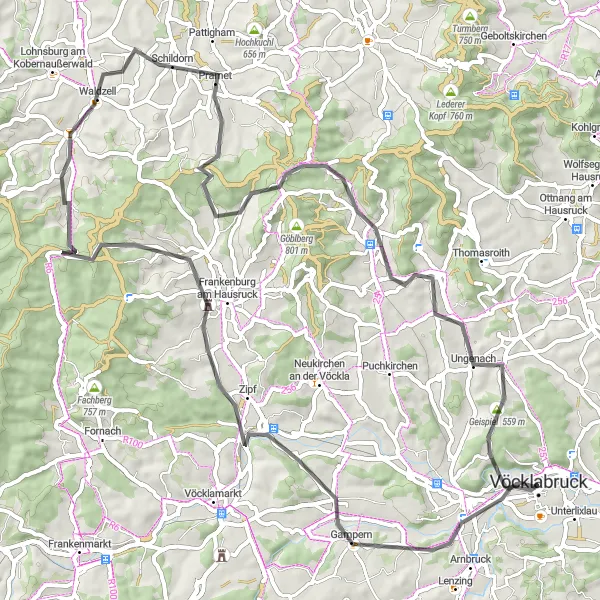 Miniatura della mappa di ispirazione al ciclismo "Giro in bicicletta da Dürnau a Timelkam" nella regione di Oberösterreich, Austria. Generata da Tarmacs.app, pianificatore di rotte ciclistiche