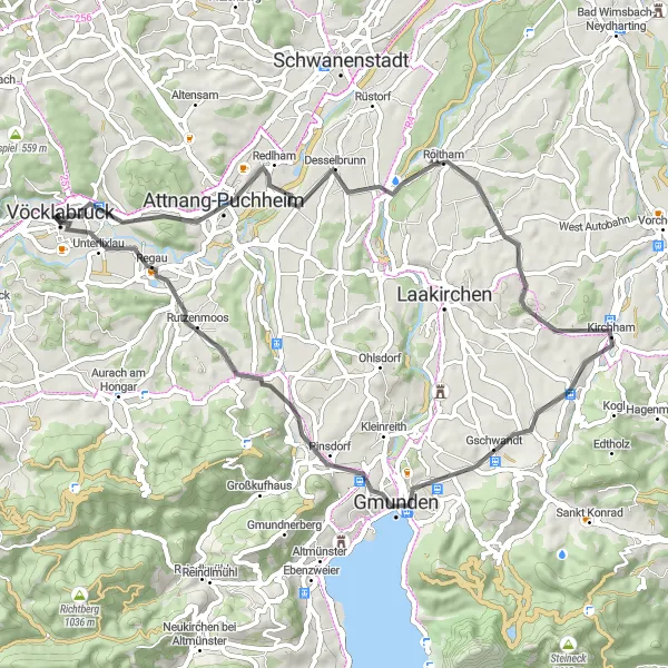 Miniature de la carte de l'inspiration cycliste "Le Tour de Haute-Colline" dans la Oberösterreich, Austria. Générée par le planificateur d'itinéraire cycliste Tarmacs.app