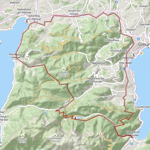 Miniatua del mapa de inspiración ciclista "Ruta de Gravel por el Lago Attersee" en Oberösterreich, Austria. Generado por Tarmacs.app planificador de rutas ciclistas
