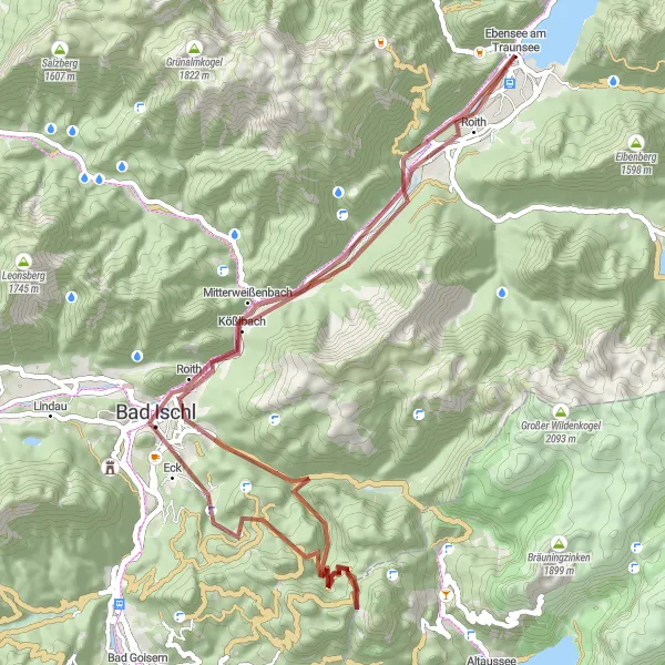 Miniaturní mapa "Gravel cyklotrasa kolem Ebensee" inspirace pro cyklisty v oblasti Oberösterreich, Austria. Vytvořeno pomocí plánovače tras Tarmacs.app