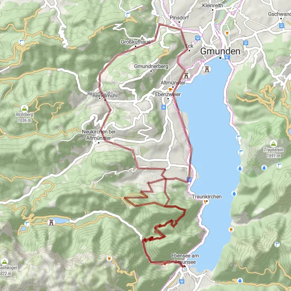 Zemljevid v pomanjšavi "Gravel čudeži v Salzkammergutu" kolesarske inspiracije v Oberösterreich, Austria. Generirano z načrtovalcem kolesarskih poti Tarmacs.app