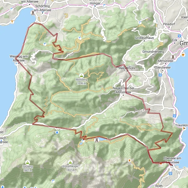 Miniatua del mapa de inspiración ciclista "Ruta de ciclismo de grava alrededor de Ebensee" en Oberösterreich, Austria. Generado por Tarmacs.app planificador de rutas ciclistas