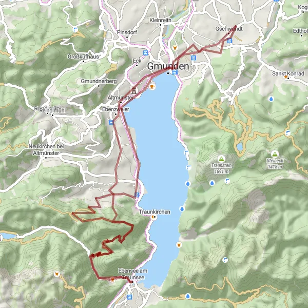 Miniaturní mapa "Okruh kolem Ebensee - štěrk" inspirace pro cyklisty v oblasti Oberösterreich, Austria. Vytvořeno pomocí plánovače tras Tarmacs.app