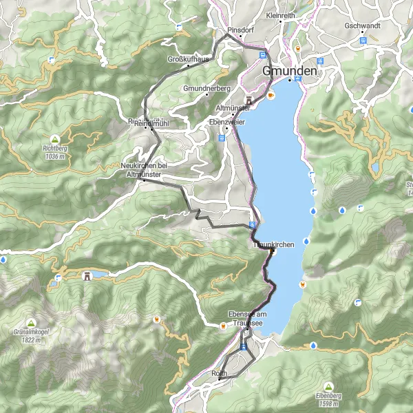 Mapa miniatúra "Okružní trasa k jezeru Traunsee" cyklistická inšpirácia v Oberösterreich, Austria. Vygenerované cyklistickým plánovačom trás Tarmacs.app