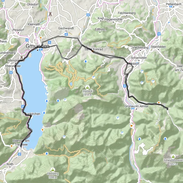 Miniature de la carte de l'inspiration cycliste "Boucle routière scenic autour du Traunsee" dans la Oberösterreich, Austria. Générée par le planificateur d'itinéraire cycliste Tarmacs.app