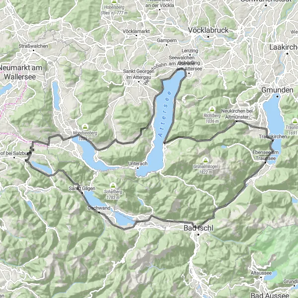 Kartminiatyr av "Vei-eventyr rundt Ebensee" sykkelinspirasjon i Oberösterreich, Austria. Generert av Tarmacs.app sykkelrutoplanlegger