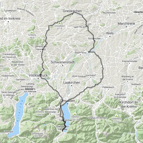 Miniatura della mappa di ispirazione al ciclismo "Tour in Bici da Strada tra Sonnstein e Hochkogl" nella regione di Oberösterreich, Austria. Generata da Tarmacs.app, pianificatore di rotte ciclistiche