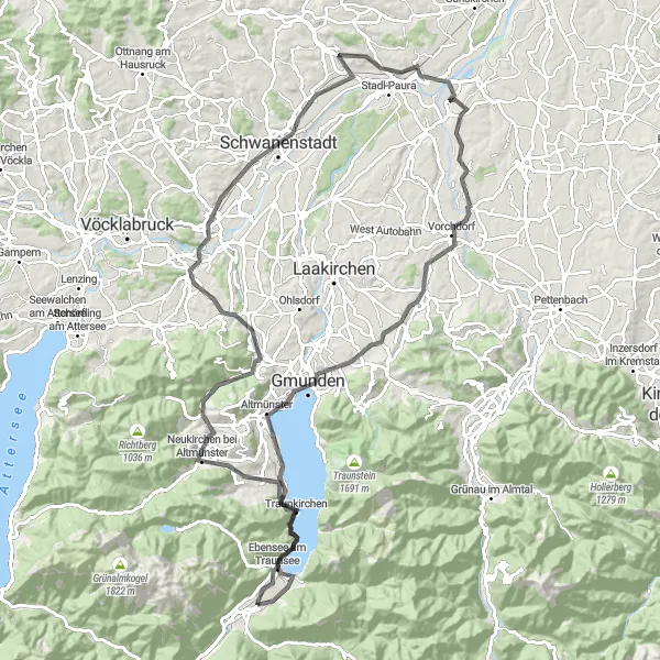 Miniatura della mappa di ispirazione al ciclismo "Giro in bici intorno ad Ebensee - Strada" nella regione di Oberösterreich, Austria. Generata da Tarmacs.app, pianificatore di rotte ciclistiche