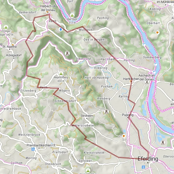 Map miniature of "Gravel Ride to Haibach" cycling inspiration in Oberösterreich, Austria. Generated by Tarmacs.app cycling route planner