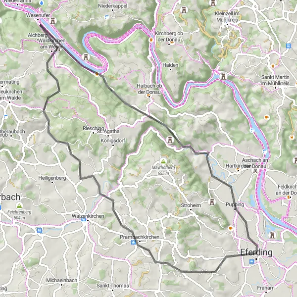 Karttaminiaatyyri "Rentouttava kierros ympäri Eferdingiä" pyöräilyinspiraatiosta alueella Oberösterreich, Austria. Luotu Tarmacs.app pyöräilyreittisuunnittelijalla