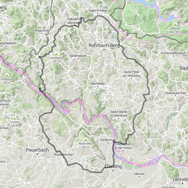 Map miniature of "Eferding and the Majestic Countryside" cycling inspiration in Oberösterreich, Austria. Generated by Tarmacs.app cycling route planner