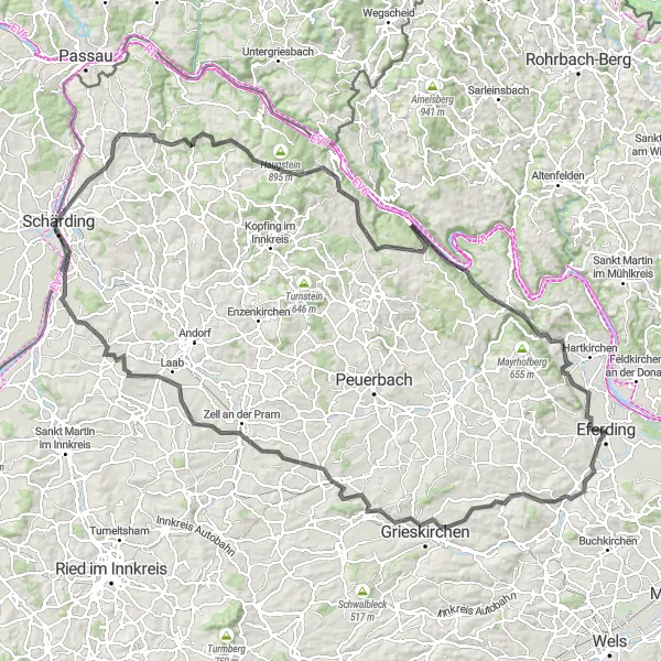 Miniatua del mapa de inspiración ciclista "Ruta de ciclismo por carretera desde Eferding" en Oberösterreich, Austria. Generado por Tarmacs.app planificador de rutas ciclistas