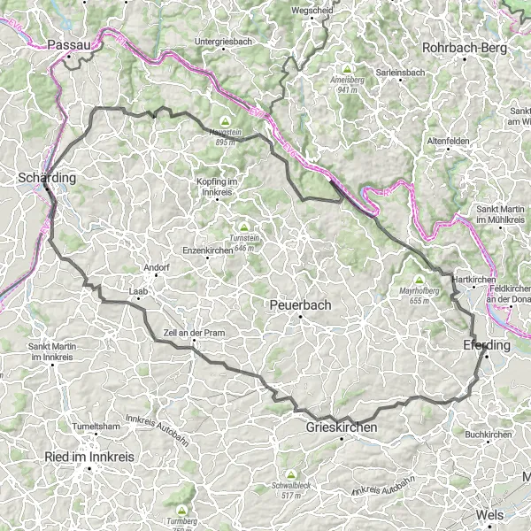 Miniatuurkaart van de fietsinspiratie "Avontuur door de vallei van de Inn" in Oberösterreich, Austria. Gemaakt door de Tarmacs.app fietsrouteplanner