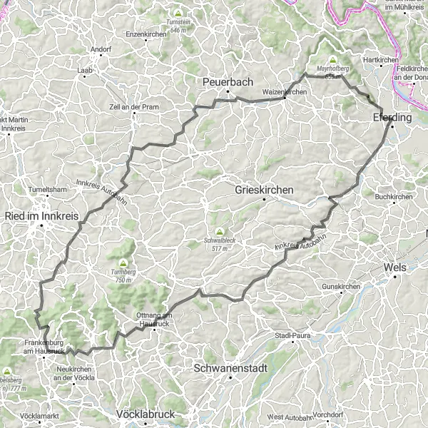 Map miniature of "Innbach Classic" cycling inspiration in Oberösterreich, Austria. Generated by Tarmacs.app cycling route planner