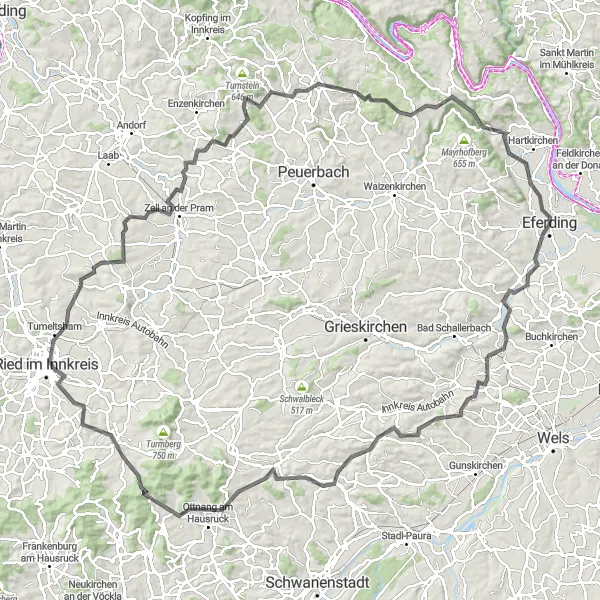 Karttaminiaatyyri "Haastava kierros ympäri Eferdingiä" pyöräilyinspiraatiosta alueella Oberösterreich, Austria. Luotu Tarmacs.app pyöräilyreittisuunnittelijalla