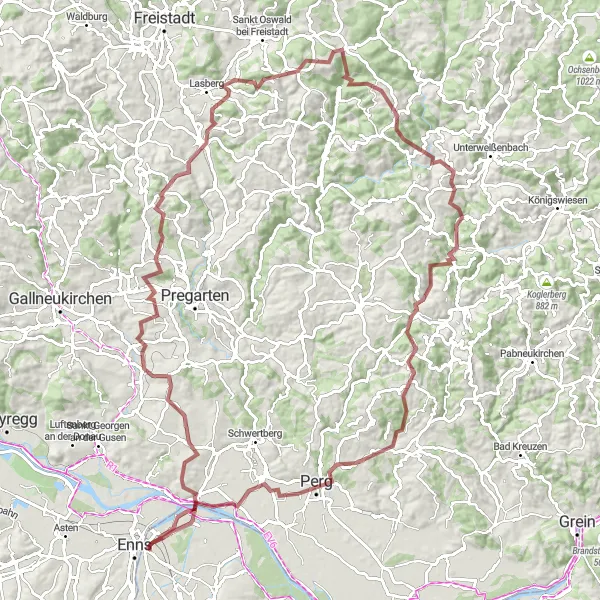 Miniatura della mappa di ispirazione al ciclismo "Giro in bicicletta da Enns" nella regione di Oberösterreich, Austria. Generata da Tarmacs.app, pianificatore di rotte ciclistiche