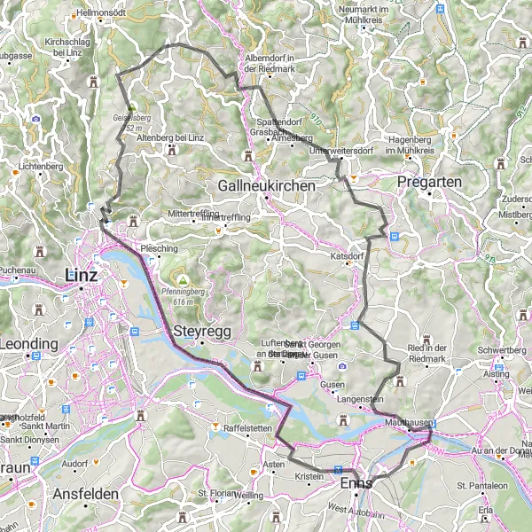 Map miniature of "From Enns to Oberbairing and Back" cycling inspiration in Oberösterreich, Austria. Generated by Tarmacs.app cycling route planner