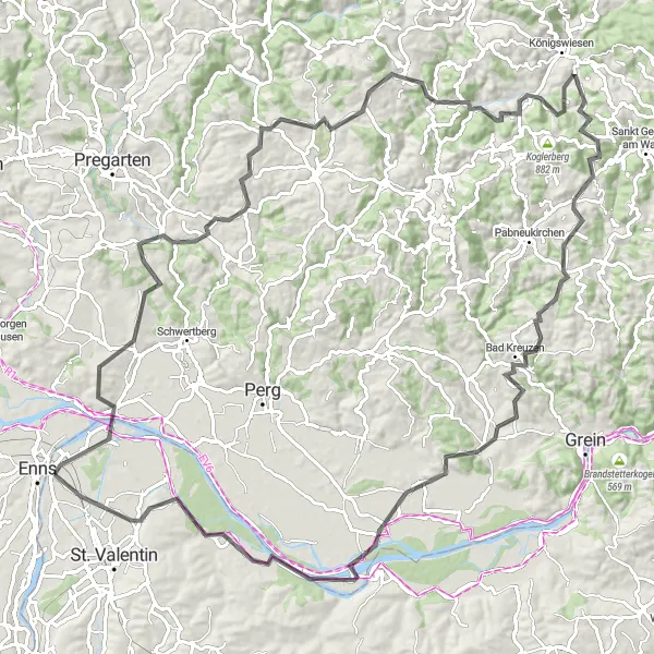 Miniaturní mapa "Z Enns do okolí - Road Cycling Route" inspirace pro cyklisty v oblasti Oberösterreich, Austria. Vytvořeno pomocí plánovače tras Tarmacs.app