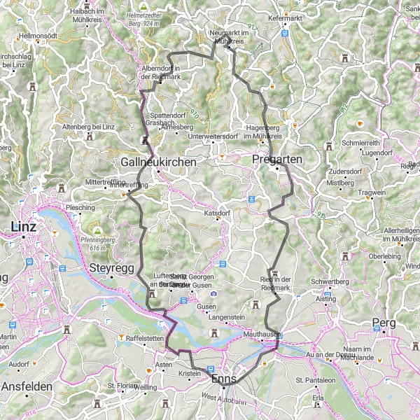 Kartminiatyr av "Enns til Mauthausen Road Cycle Route" sykkelinspirasjon i Oberösterreich, Austria. Generert av Tarmacs.app sykkelrutoplanlegger