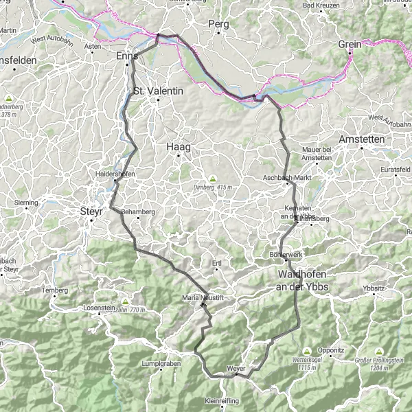 Miniatura della mappa di ispirazione al ciclismo "Esplorazione in bicicletta di Ennsdorf e Gaflenz" nella regione di Oberösterreich, Austria. Generata da Tarmacs.app, pianificatore di rotte ciclistiche