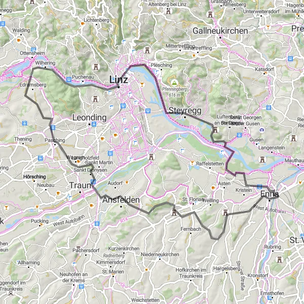 Miniatura della mappa di ispirazione al ciclismo "Giro in bicicletta Enns-Steyregg-Georgenberg-Ennsdorf" nella regione di Oberösterreich, Austria. Generata da Tarmacs.app, pianificatore di rotte ciclistiche