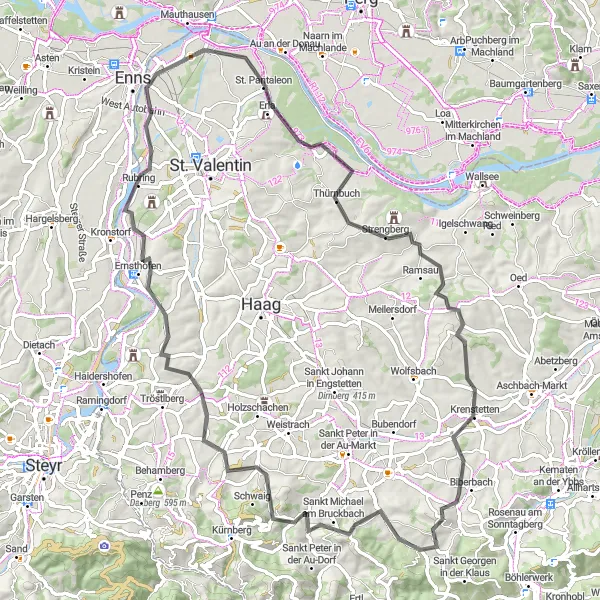Map miniature of "Ennsdorf to Stadtturm" cycling inspiration in Oberösterreich, Austria. Generated by Tarmacs.app cycling route planner