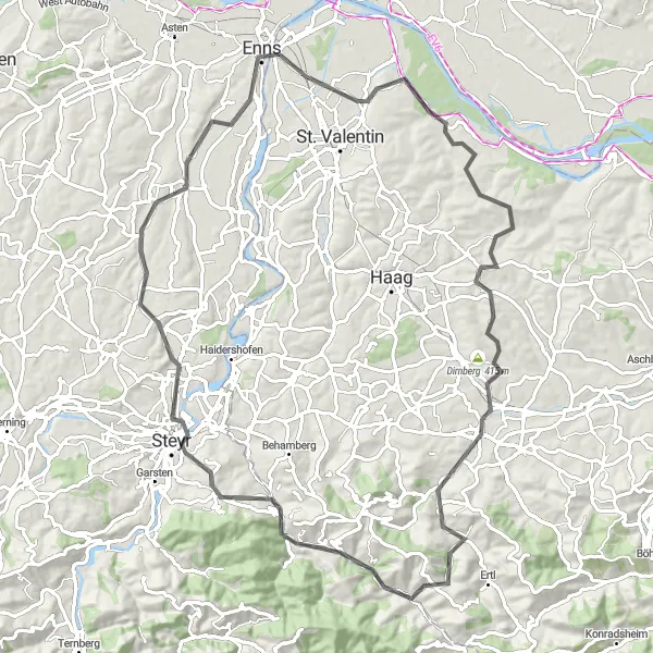 Miniatura della mappa di ispirazione al ciclismo "Giro in bicicletta da Enns a Hargelsberg e ritorno" nella regione di Oberösterreich, Austria. Generata da Tarmacs.app, pianificatore di rotte ciclistiche