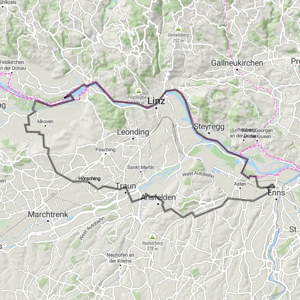 Map miniature of "Enns to Stadtturm" cycling inspiration in Oberösterreich, Austria. Generated by Tarmacs.app cycling route planner
