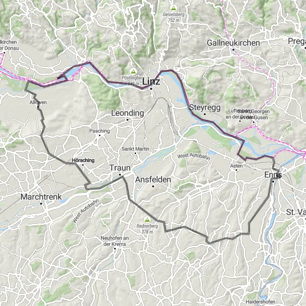 Miniature de la carte de l'inspiration cycliste "Excursion à Wilhering" dans la Oberösterreich, Austria. Générée par le planificateur d'itinéraire cycliste Tarmacs.app