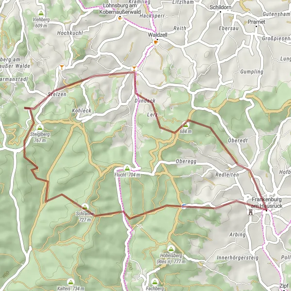 Kartminiatyr av "Grusveier eventyr fra Frankenburg" sykkelinspirasjon i Oberösterreich, Austria. Generert av Tarmacs.app sykkelrutoplanlegger