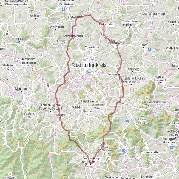 Map miniature of "Frankenburg Gravel Loop" cycling inspiration in Oberösterreich, Austria. Generated by Tarmacs.app cycling route planner